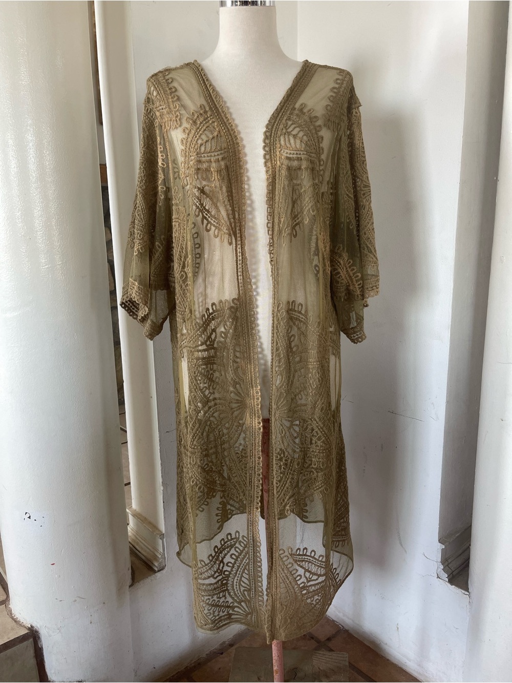 Sheer Embroidered Long Kimono Jacket - Olive Sz L-XL
